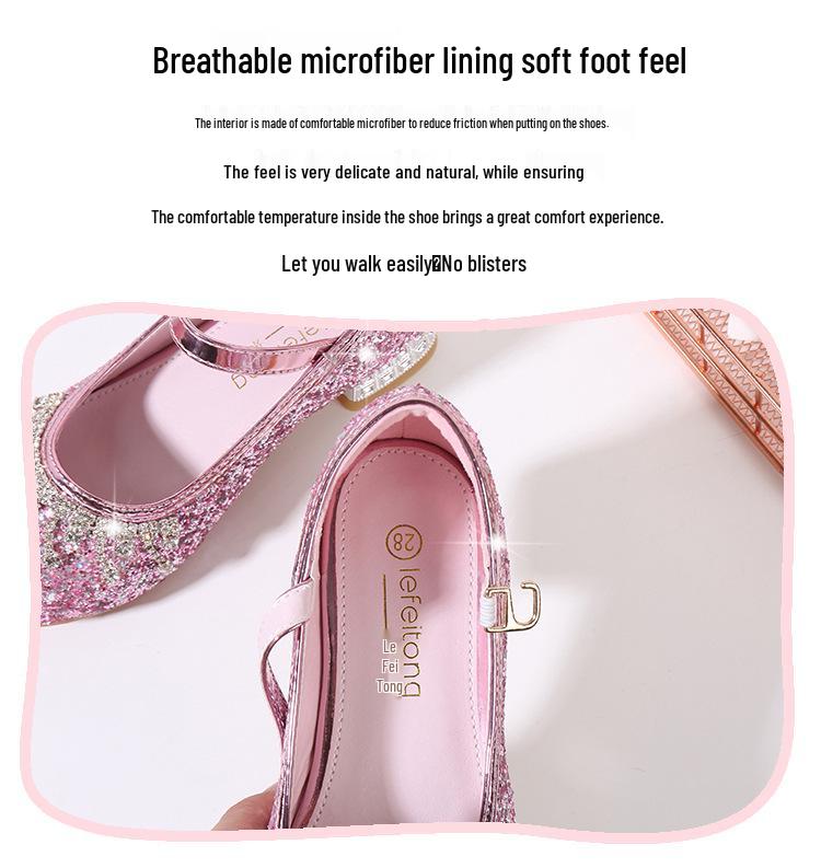 Princess Girls' Sequined High Heels - Soft, Non-Slip Leather Shoes for Spring and Autumn
