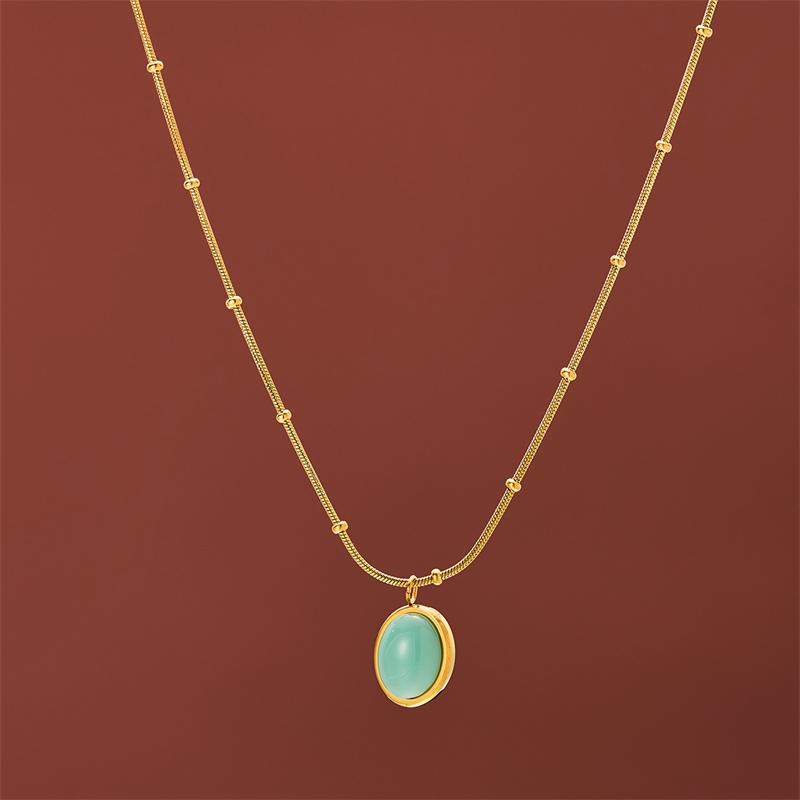 316L Stainless Steel New Fashion Fine Jewelry Oval Sea Blue Opal Beaded Charm Snake Chain Choker Necklaces Pendants For Women