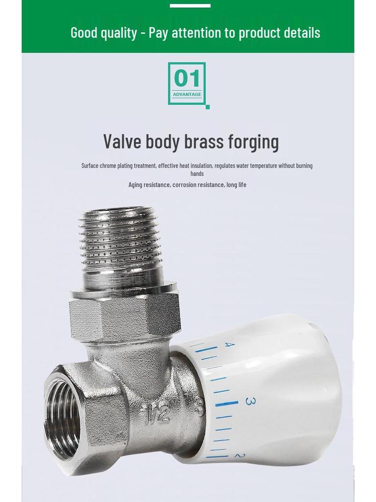 All-Copper Right-Angle Thermostatic Valve for Household Radiators, with 4/6 Points, 1-Inch Threads, and Manual Temperature Control