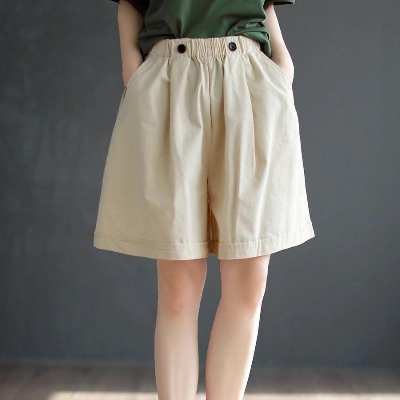 Womens Pure Cotton Solid High Waist Wide Leg Loose Plus Size Five Point Shorts