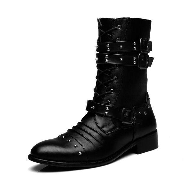 

Нові осінні готичні чоловічі черевики зі штучної шкіри з гострим носком для виступу на сцені Чоловічі чоботи зі штучної шкіри в стилі панк Взуття на високих підборах Чоботи з заклепками 8.5