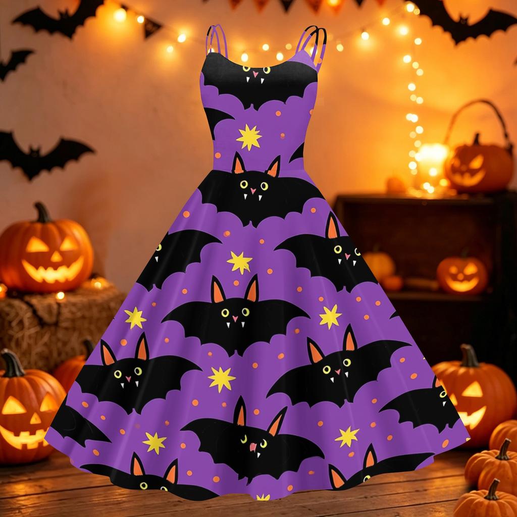 Womens Halloween Print Off Shoulder Dress Vintage Punk Party Dress Flared Skirt Sleeveless A Line Dress