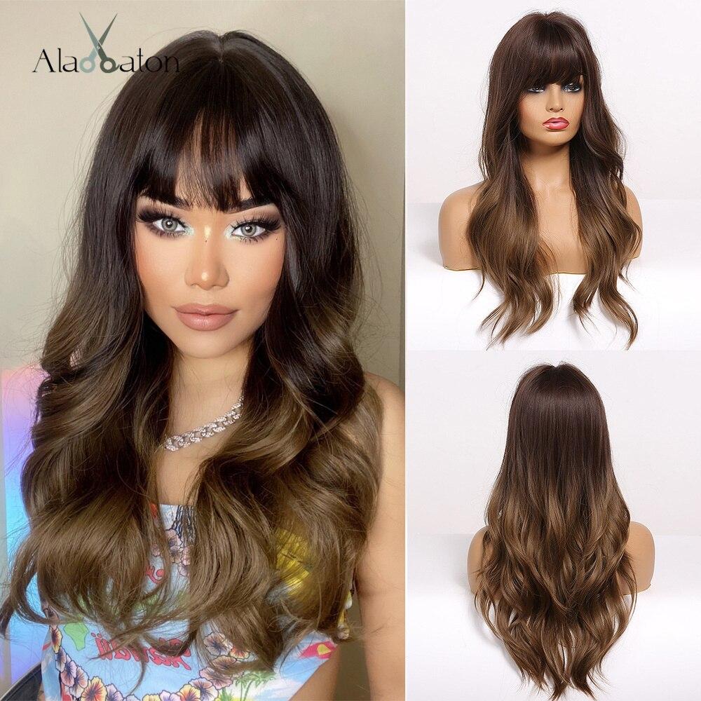 

ALAN EATON Коричневые волнистые парики с челкой из синтетических натуральных волос для чернокожих женщин Длинные смешанные каштановые волосы Парик для косплея