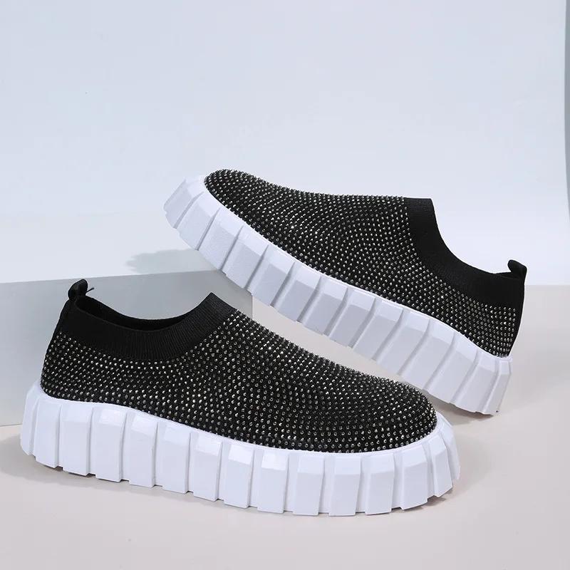 

Модні весняні нові жіночі туфлі на платформі 2024, чорні кросівки зі стразами, товсті кросівки, жіноче взуття великих розмірів, модні кросівки 43 42 чорний