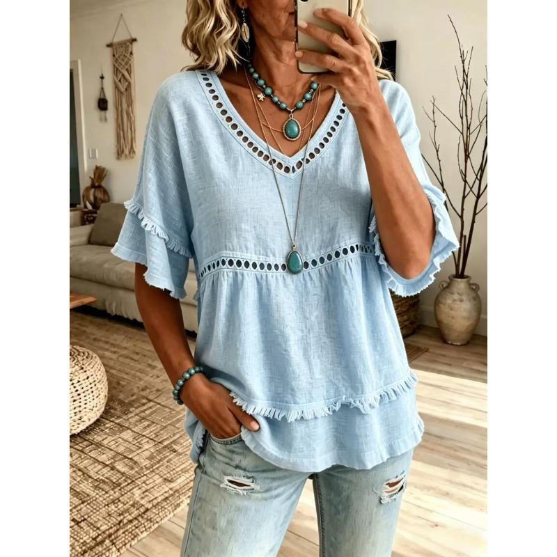 QICED Bluse e Camicie Casual da Donna alla Moda con Scollo a V e Maniche Corte