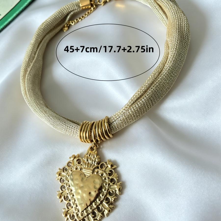 Boho Beach Gold Sacred Heart Pendant Necklace Women Mesh Cord Statement Choker For Summer Vacation Fashion Jewelry