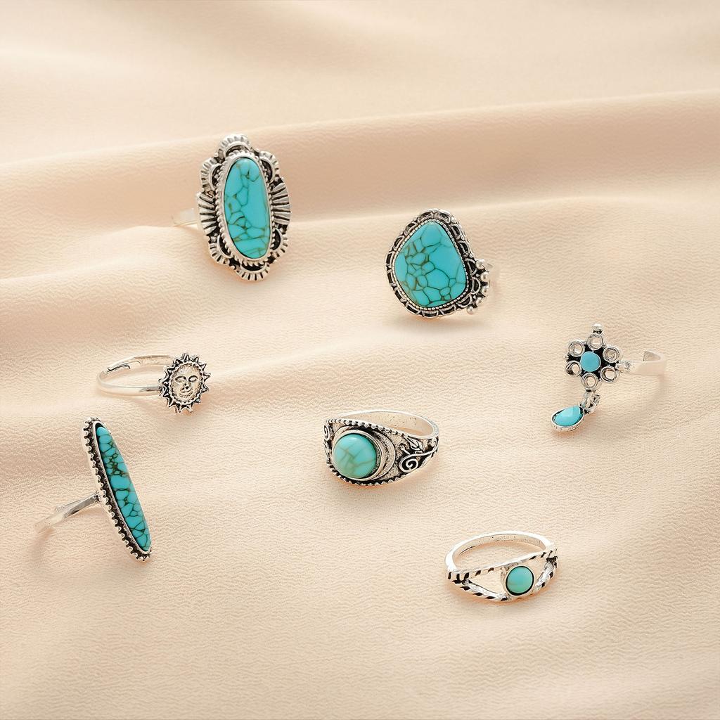 Fashion Women's 7 Piece Ring Set - Ladies Ring Metal Ring Glossy Ring Metal Ring Holiday Gift