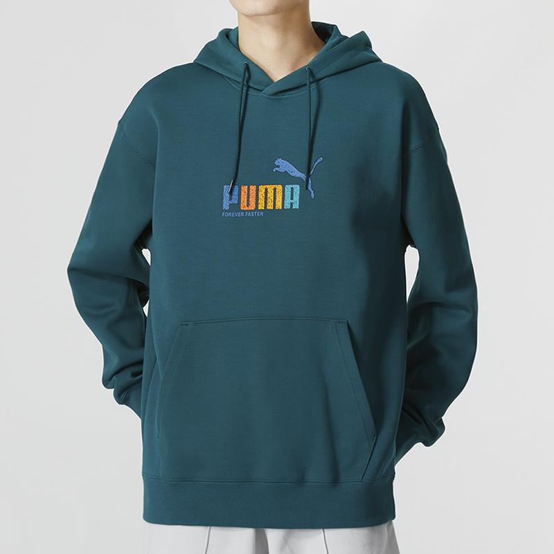 Puma Logo Hooded Pullover Sweatshirt Men Tops Dark-Green 673598-24