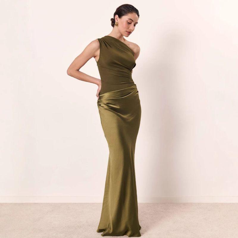 

Cross-Border Foreign Trade Europe and America Women clothes Fashion Sexy Sloping Shoulder Pleated Patchwork Satin Skirt Temperament Formal Dress Dress Green 2XL