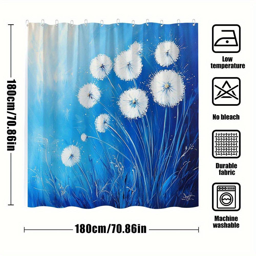 1Pc Dandelion Dreams Shower Curtain - Realistic Digital Painting With White Wispy Flowers & Rich Blue Gradient, 70X70 Inches,