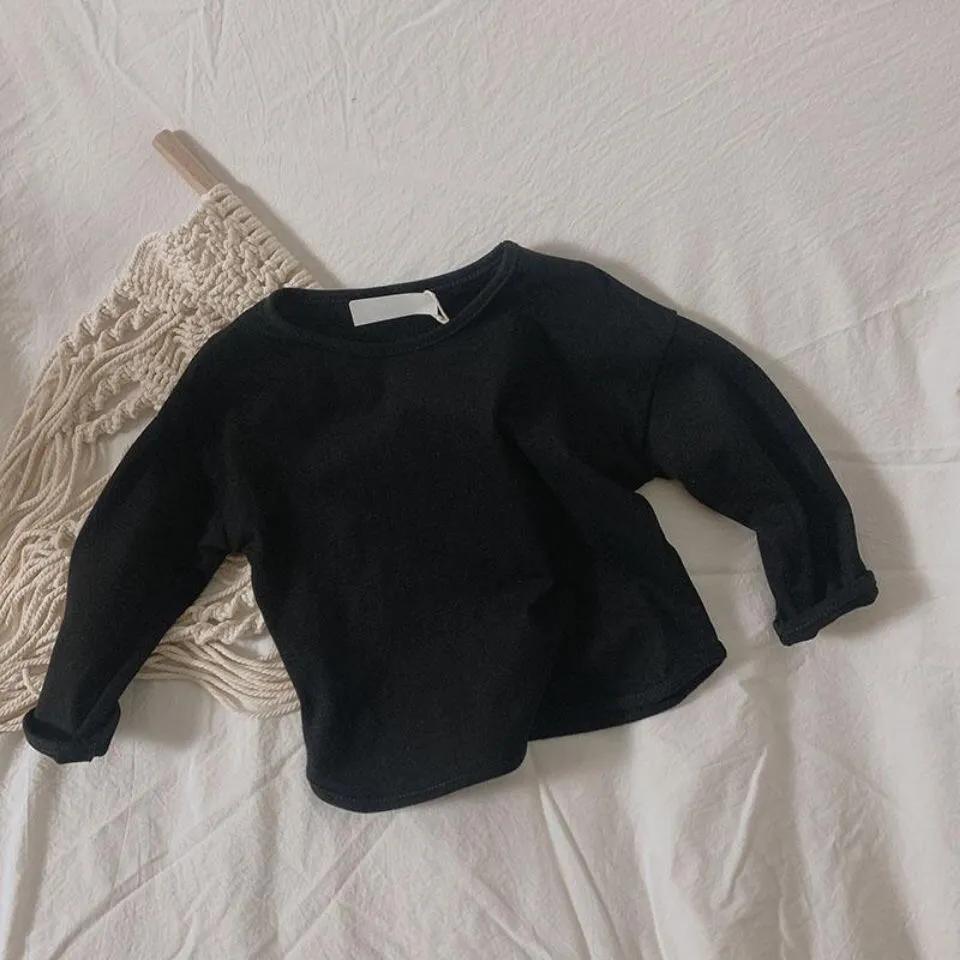 Frühling Herbst Einfarbig Kinderkleidung Kinder Casual Langarm Vielseitiges Loses Rundhalshemd