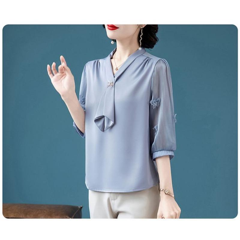 Women Summer Chiffon V Neck Butterfly Embroidered Puff Puff Blouse XL синий