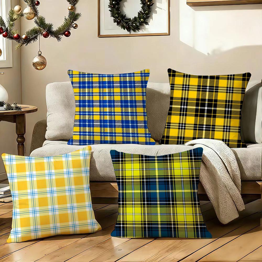 Yellow Checkered Cushion Cover Silky Short Plush Sofa Pillow Cover Hidden Zipper Soft Dustproof Case For Home Decor