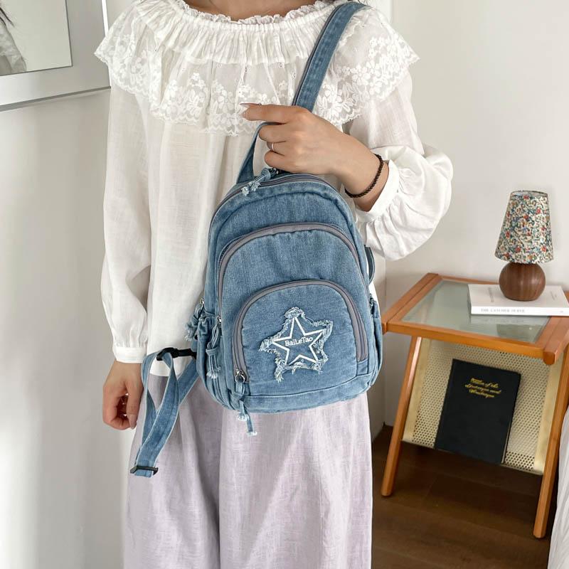 Bolso de Pecho de Mezclilla Gran Capacidad Bolso Cruzado para Mujer Viajero Múltiples Compartimentos Mochila de Estrella de Cinco Puntas
