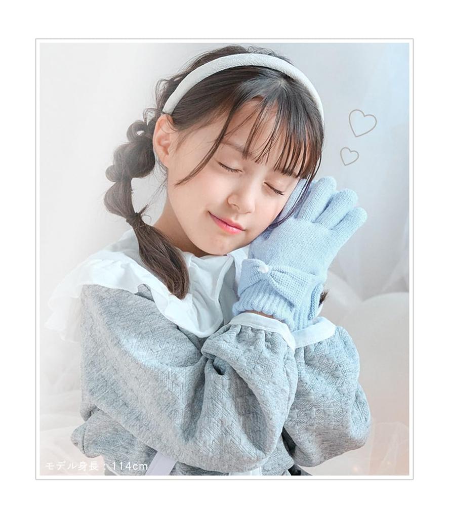 Knit Gloves for Fleece Ages [Arisana] Kids' Girls, Five-Finger, Junior, Lining, Plain, Ribbon, Mint, 6-12