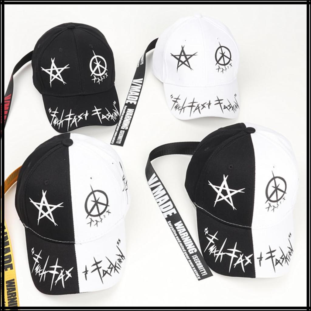 Hat Cap Star Peace Cool Sports Casual Monotone CZ525 Black [White Fang] Men's Women's (Two-tone Belt)