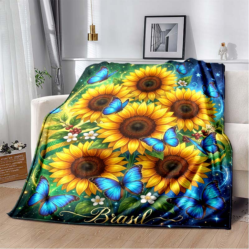 Manta de Franela con Estampado de Girasol y Mariposa Azul, Manta Acogedora con Fondo de Cielo Estrellado