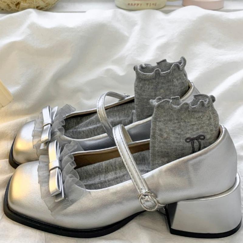 Fashion Mid-heel Mary Jane Shoes New Summer Square Head Shallow Mouth Bow Net Yarn Metal Buckle Soft Sole Non-slip Shoes