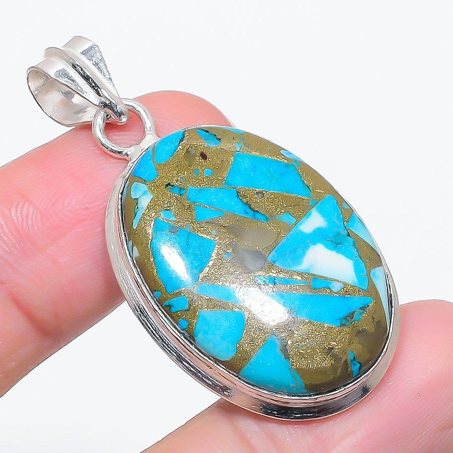 Natural Copper Blue Turquoise 925 Sterling Silver Jewelry Pendant 1.85" v4O12