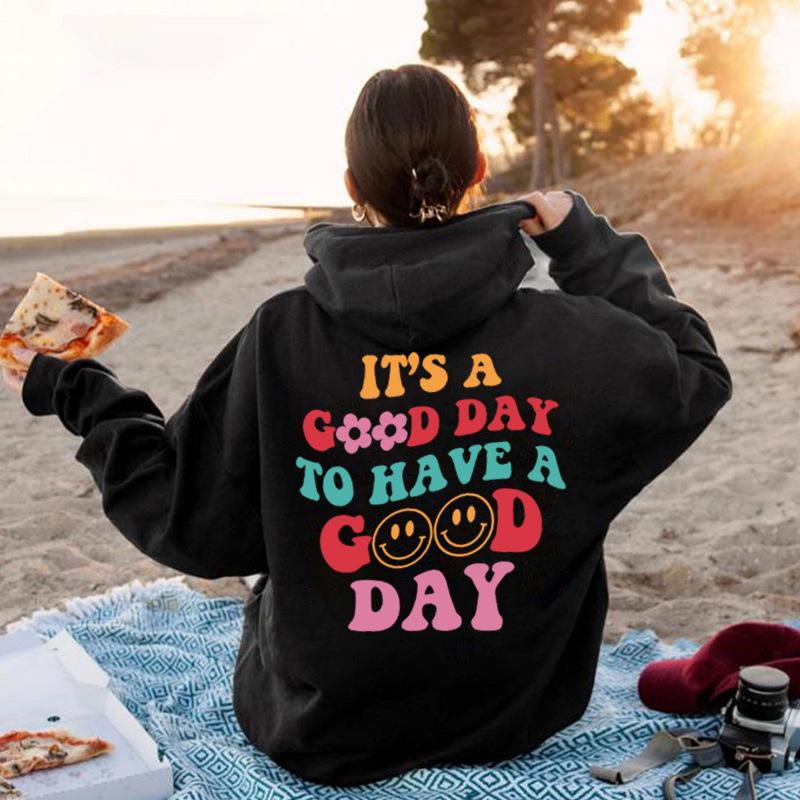 Plus Velvet Sweatshirt with Back Letter Print & Kangaroo Pocket