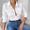 Women Lapel Pocket Shirt Solid Color Button Down Long Sleeve Commuter Casual Blouse