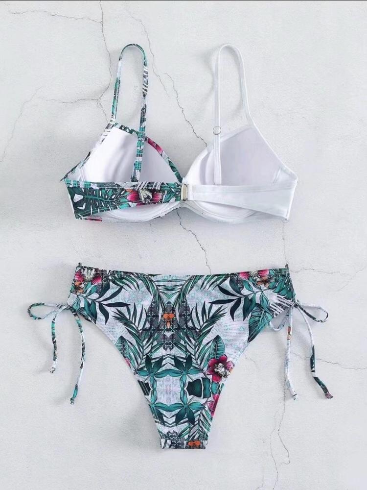 Printed Multicolor Drawstring Backless Swimsuit Beach Gathered Sexy Split Steel Bracket Hard Bag Bikini Set Girl