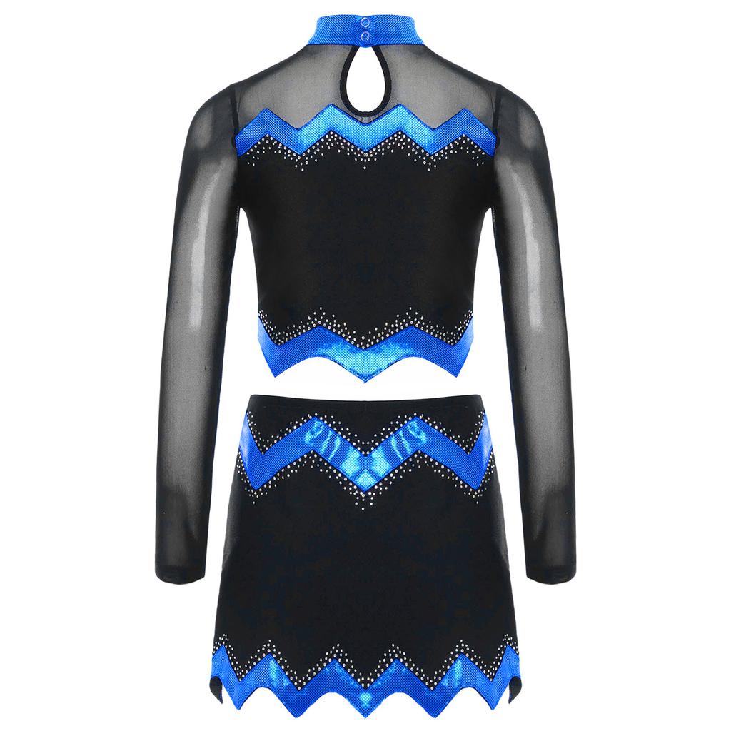 Dívčí roztleskávačská uniforma Dlouhý rukáv Crop top Výřez Design Kamínkové detaily Sladěná taneční sukně Outfit