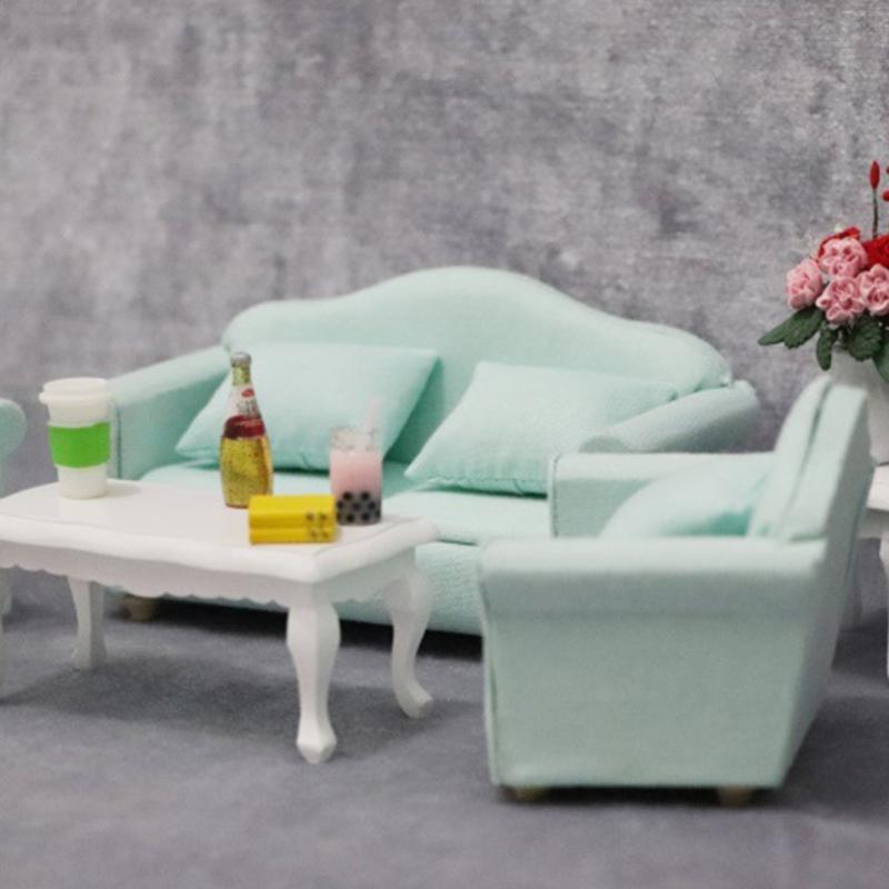 Living Room Sofa Set 1/12 Scale Wooden Base Cloth Covered Mini Furniture for Doll House Accessories and Collectibles