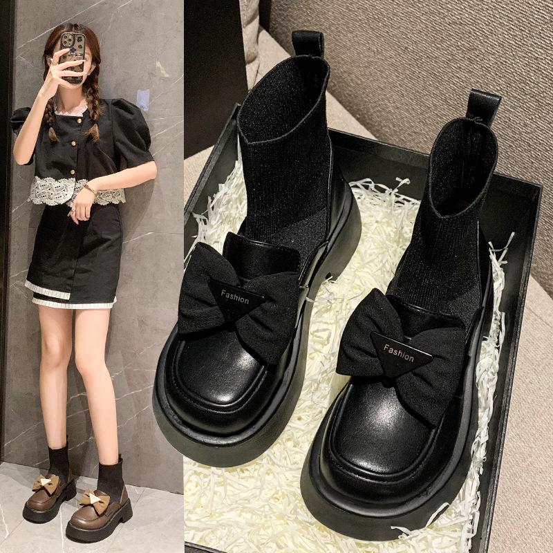 

Women s Black Leather Bow Splicing Elastic Sock Boots - Spring/Autumn 2025 Collection 38 чорний