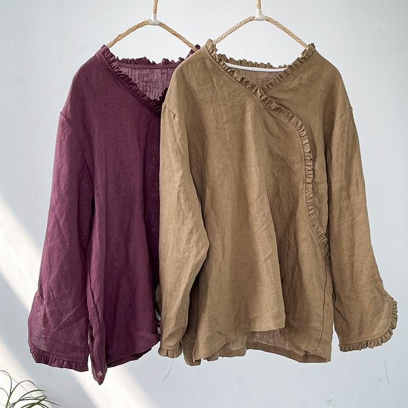 Johnature Vintage Damen Einfarbiges T-Shirt V-Ausschnitt Langarm Herbst Chinesischer Stil Locker Weibliches T-Shirt