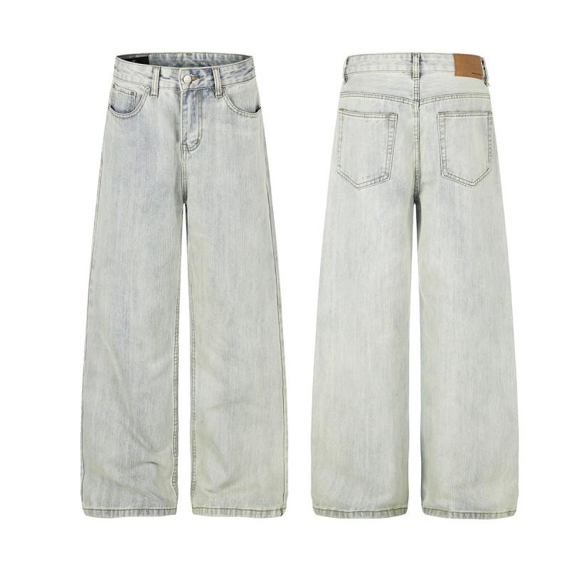 Mens Relaxed Fit Straight Leg Denim Pants Vintage Washed Light Blue Cotton Jeans Casual Wear