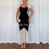 Spring and Summer New Splicing Square Neck Black French Retro Mesh Slim and Thin Medium and Long Fishtail Dress Dress