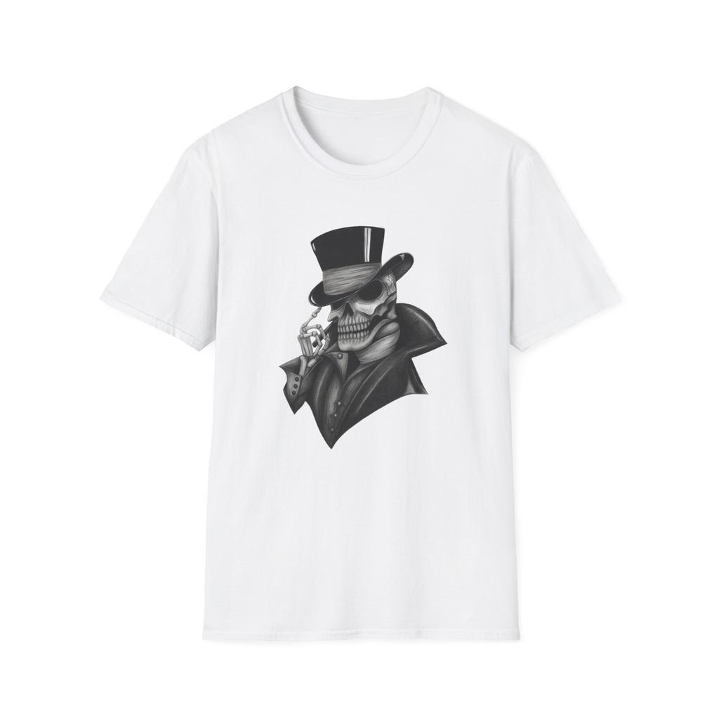 Skull Gentleman Smoking Cigar T-Shirt | Top Hat Skeleton Illustration