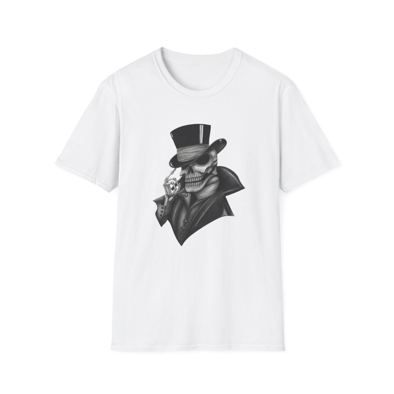 Skull Gentleman Smoking Cigar T-Shirt | Top Hat Skeleton Illustration S