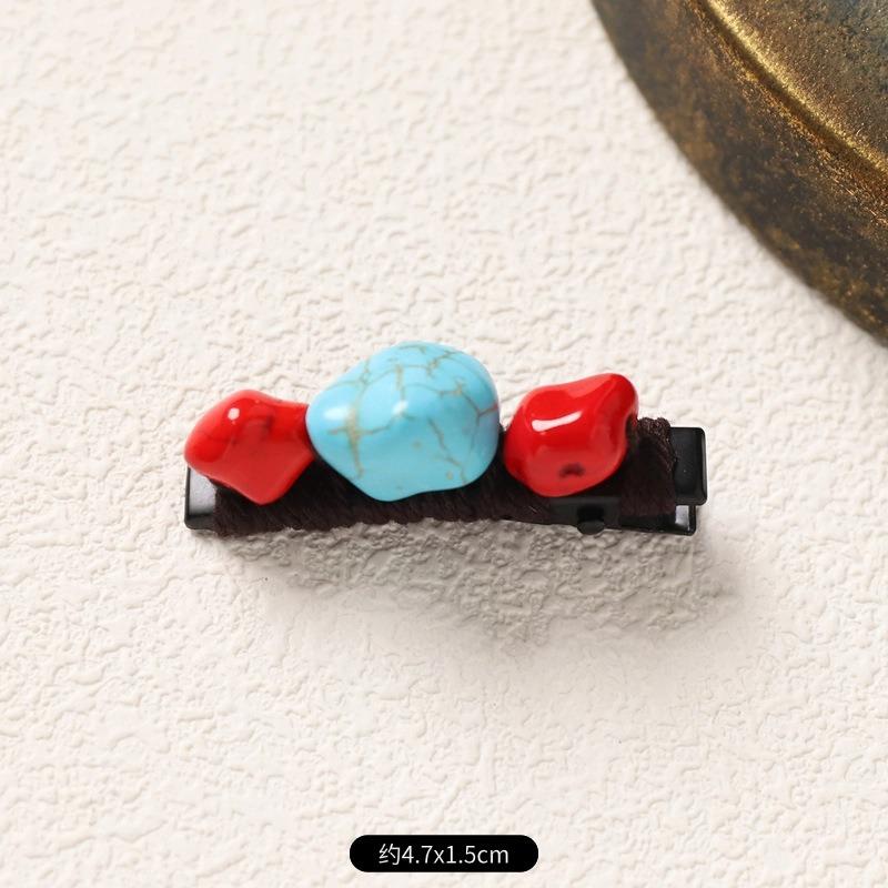 Retro Handmade Hairpin Niche Exquisite Woven Turquoise Beeswax Bangs Side Clip Tibetan Hair Jewelry