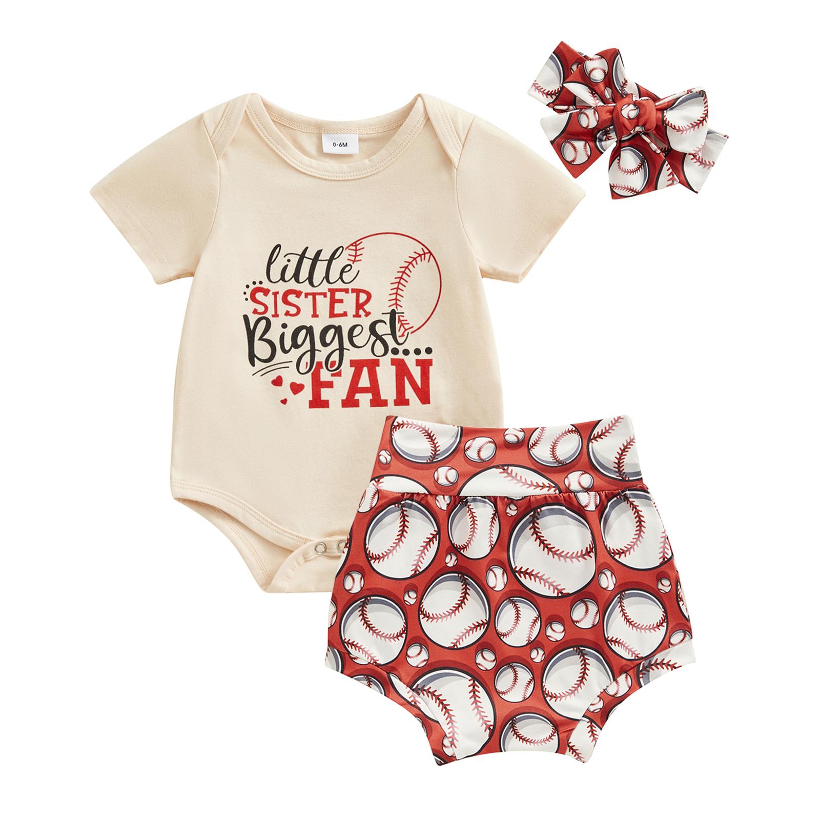 

Летние наряды для девочек с принтом в виде букв и бейсбола, комбинезон с короткими рукавами и шортами, комплект из 3 предметов одежды с повязкой на голову