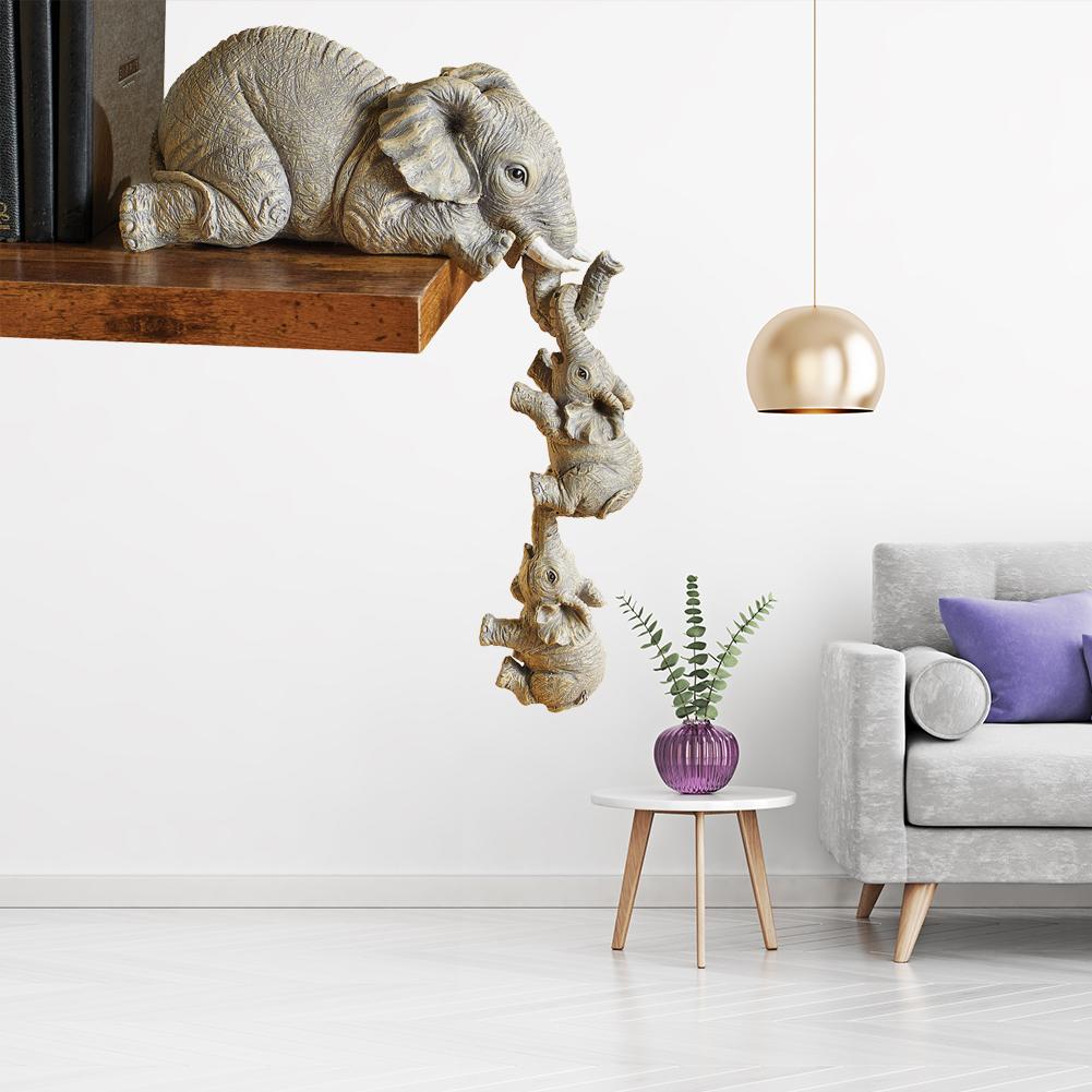 Elephant Sitter Synthetic Resin Craft Figurines Mother and Two Babies Hanging Off The Edge of Shelf Table Home Decor Gift