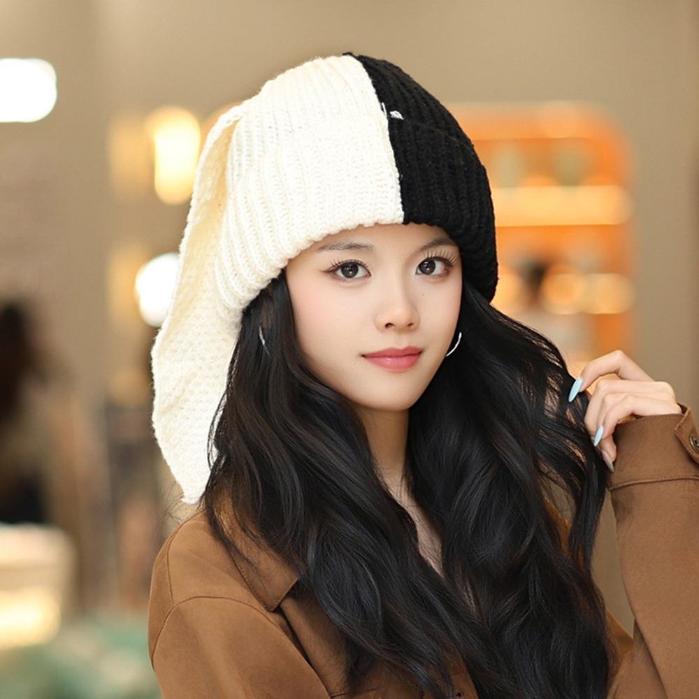 

Contrast Color Knitted Woolen Cap Cartoon Ear Protection Hat Casual Winter Beanies Cap for Women білий