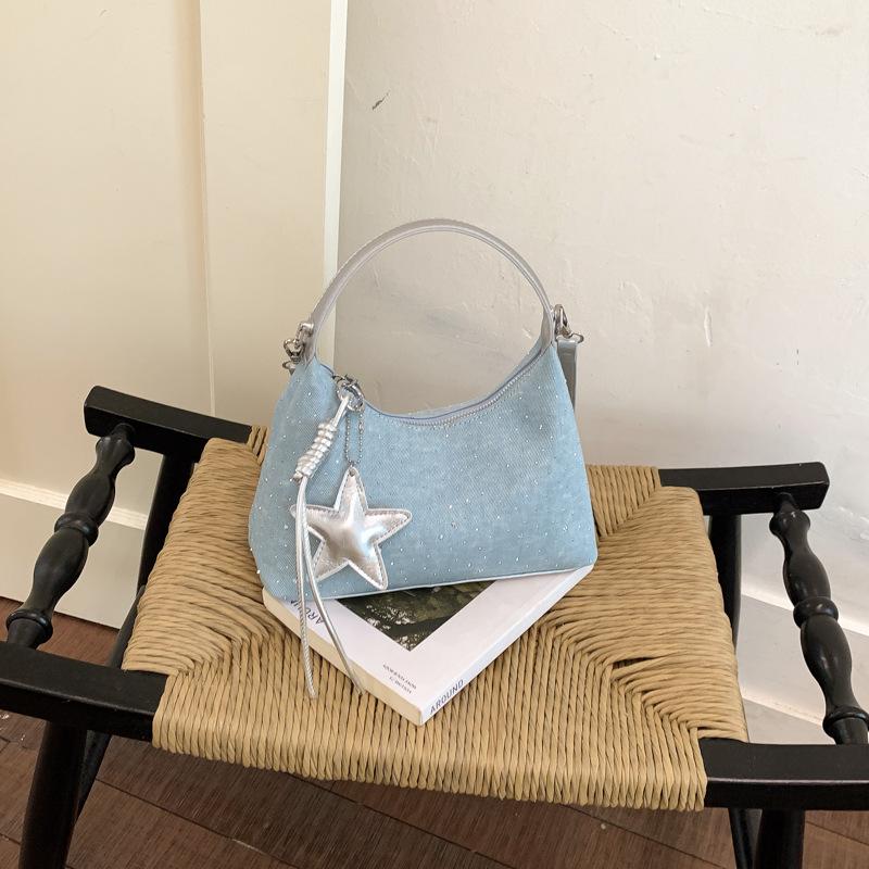 Luxury Denim Diamd Handbag 2026 Spring Summer New Women's Underarm Bag Elegant Fashi Party Handbag with Pendant
