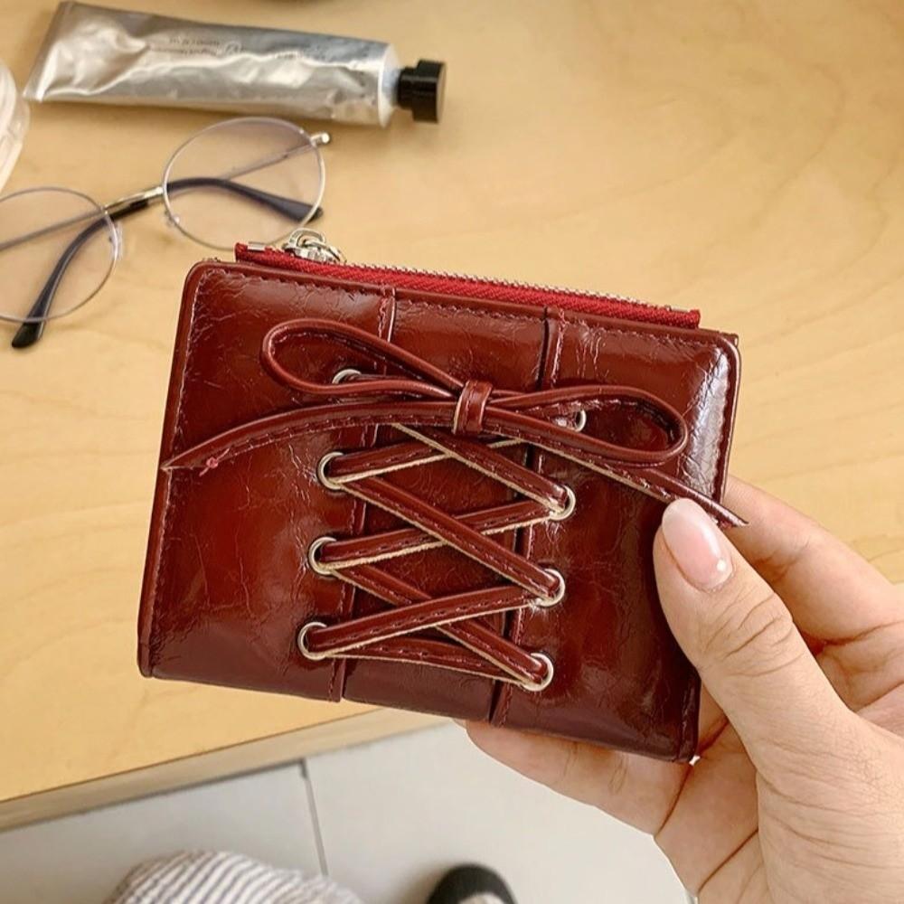 New Folding Coin Purse Portable Zipper Credit Card Holder Strap Bow Mini Wallets Women