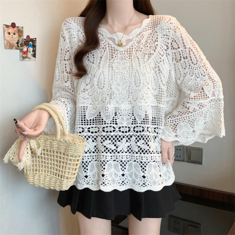 DIMANAF 2025 New Summer Basic Shirt Women Blouse Tops Tees Lace Loose White Short  Tees