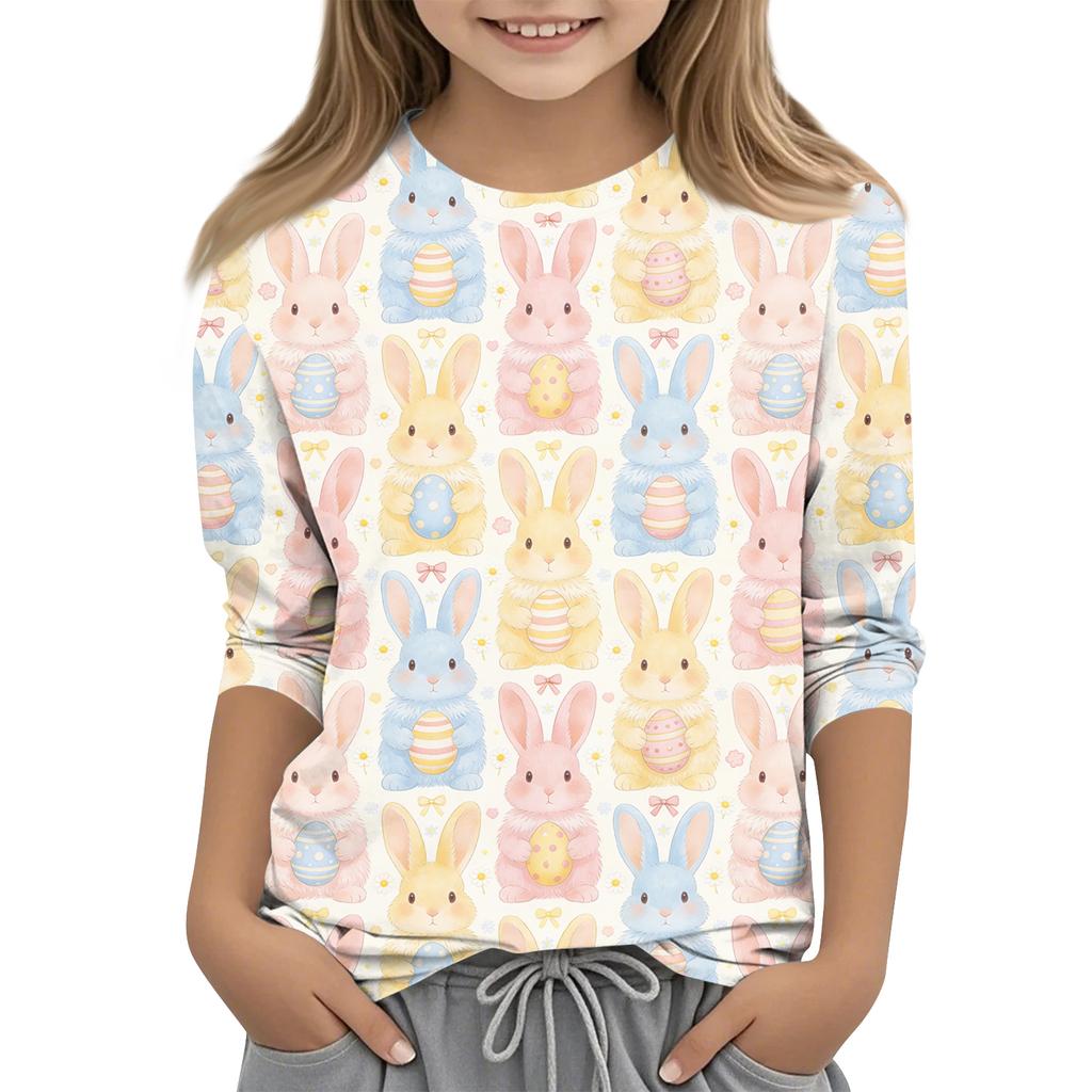 Haut décontracté pour enfants à manches sept-quarts, imprimé Pâques, col rond, imprimé
