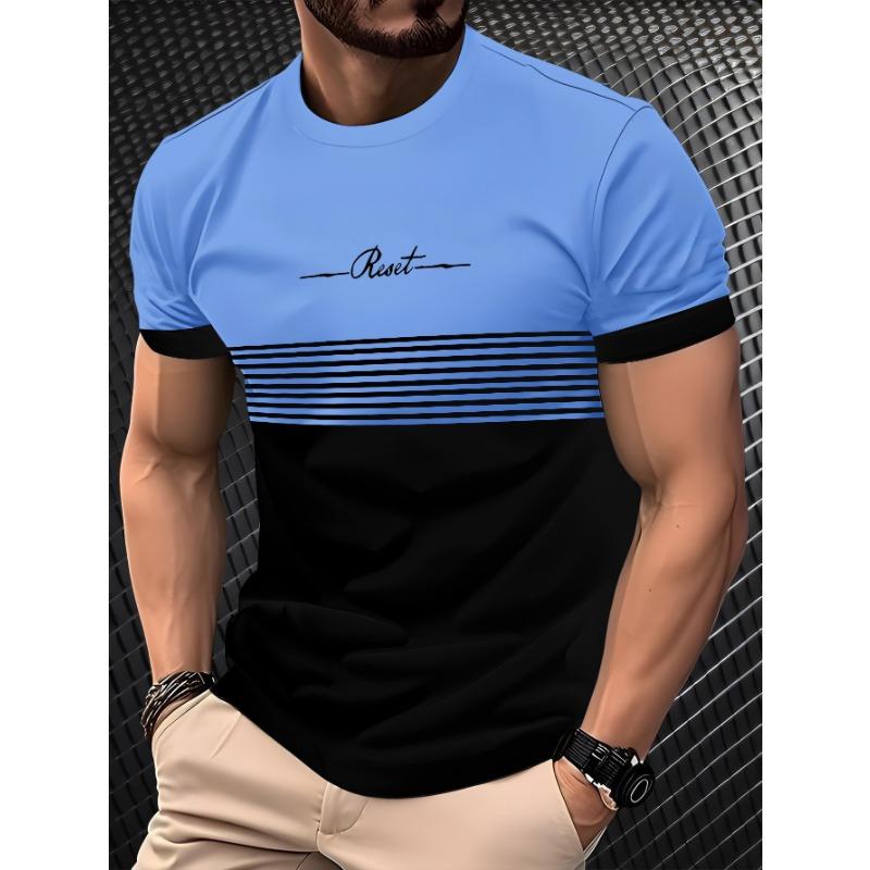 Men's Summer Casual T-Shirt Color Block Stripe Print Fashion Short Sleeve