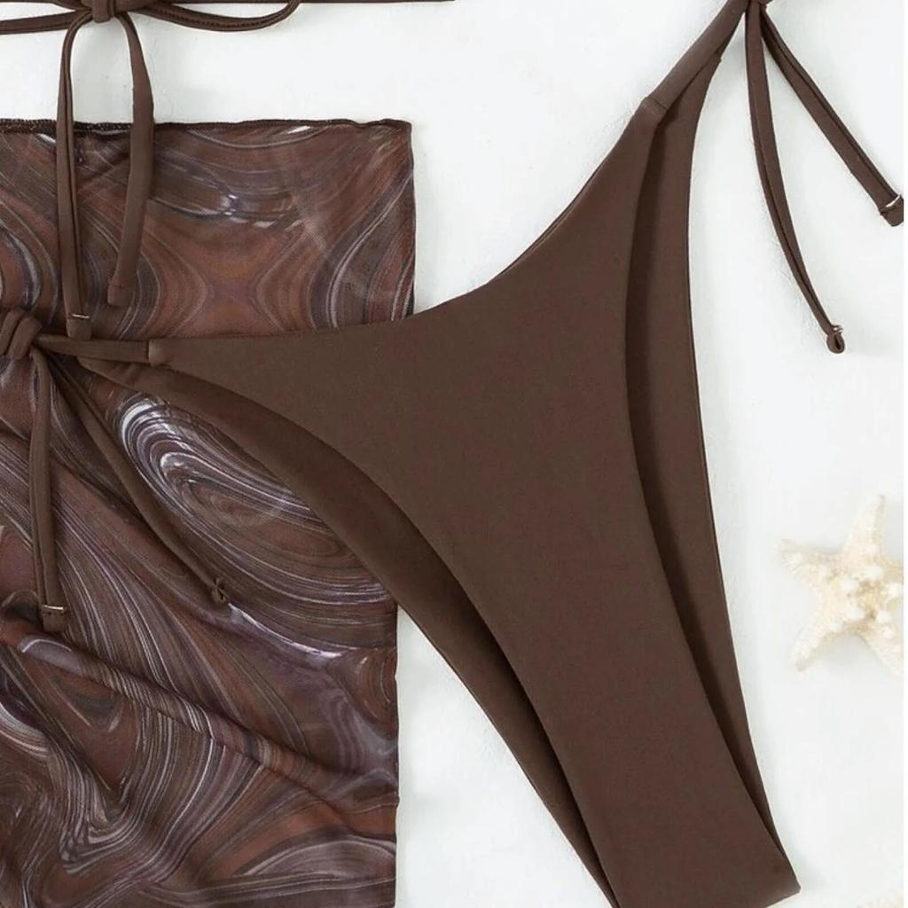 Women's Fashion Drawstring Lace Short Skirt Mesh Bikini Swimwear Set (3 Piece Set with Chest Cushion Without Steel Bracket)