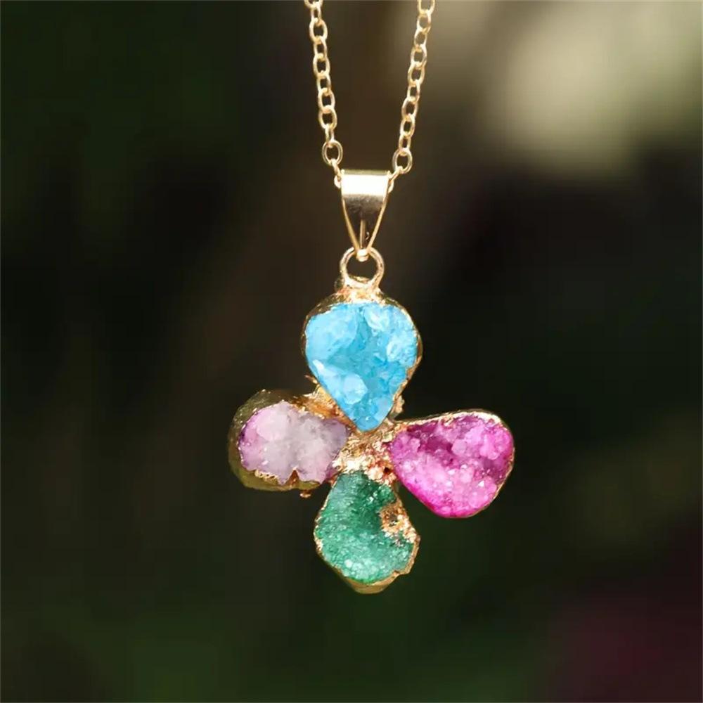 

Natural stone, white crystal bud, rainbow gold flower necklace, including chain, Christmas gift, Valentine s Day gift, girlfriend gift