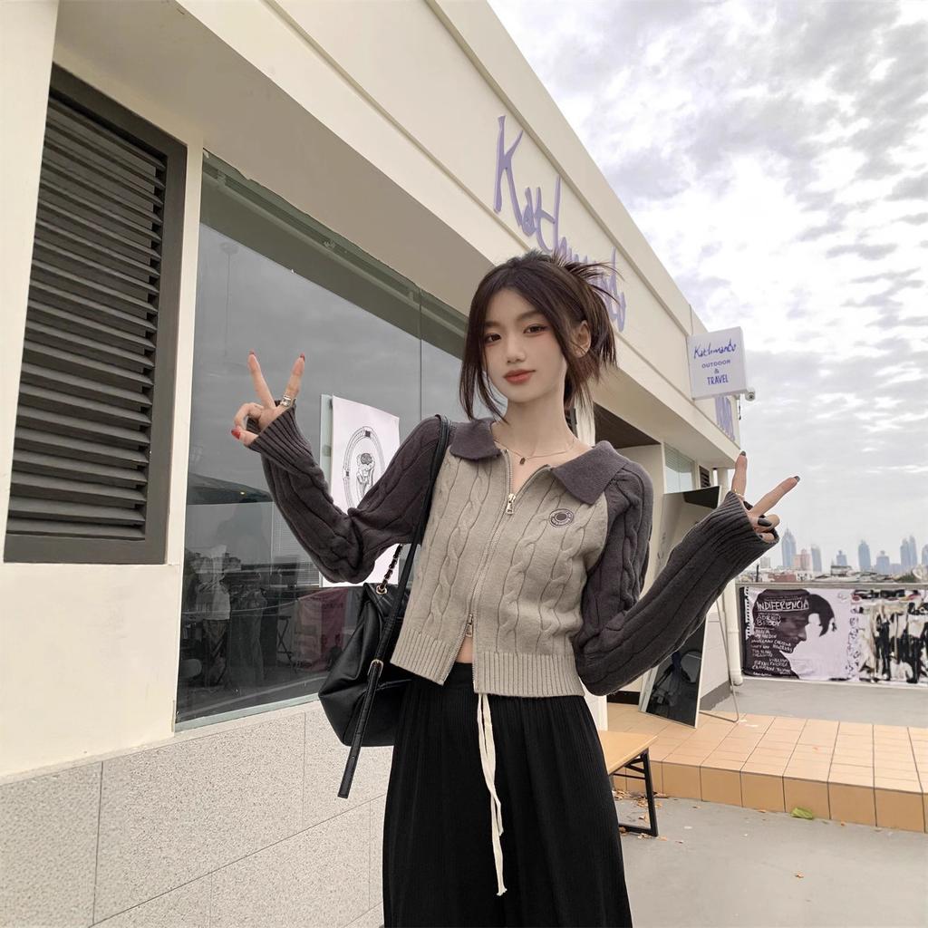 Cardigan short retro contrasting color design knitted sweater women's autumn short inner bottoming shirt double zipper sweater women