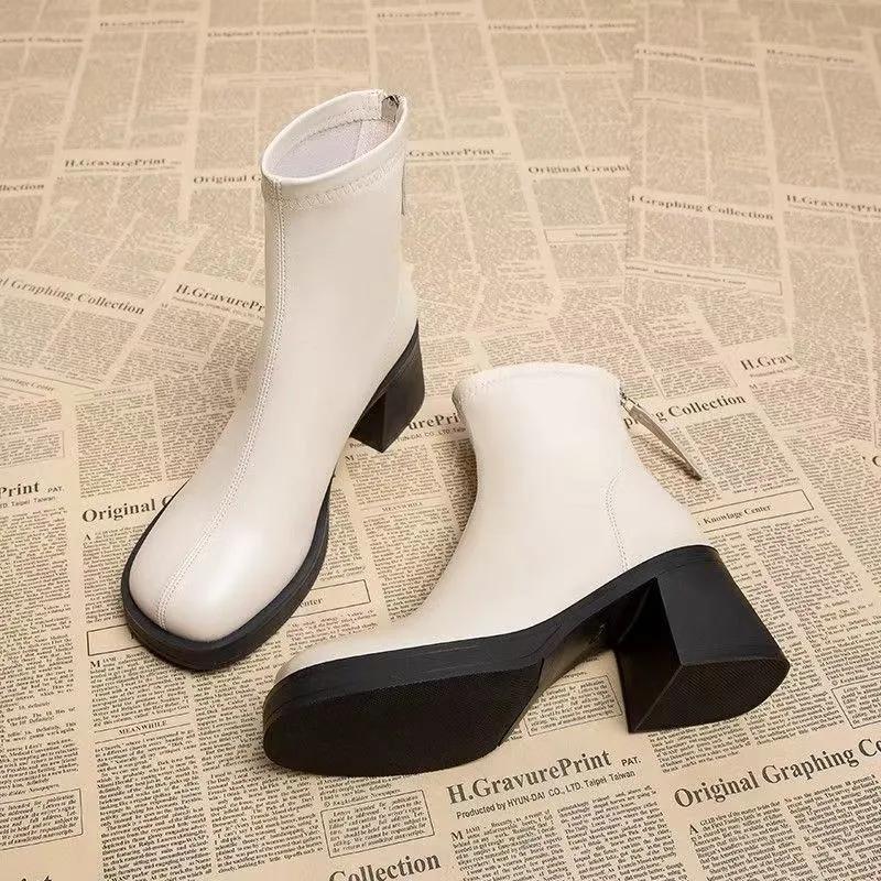 Madingi juodi moteriški ankle boots Madingi užtrauktukai gale Žemas kvadratinis kulnas Moteriški batai Neslystantis storas padas Laisvalaikio kasdienio nešiojimo batai