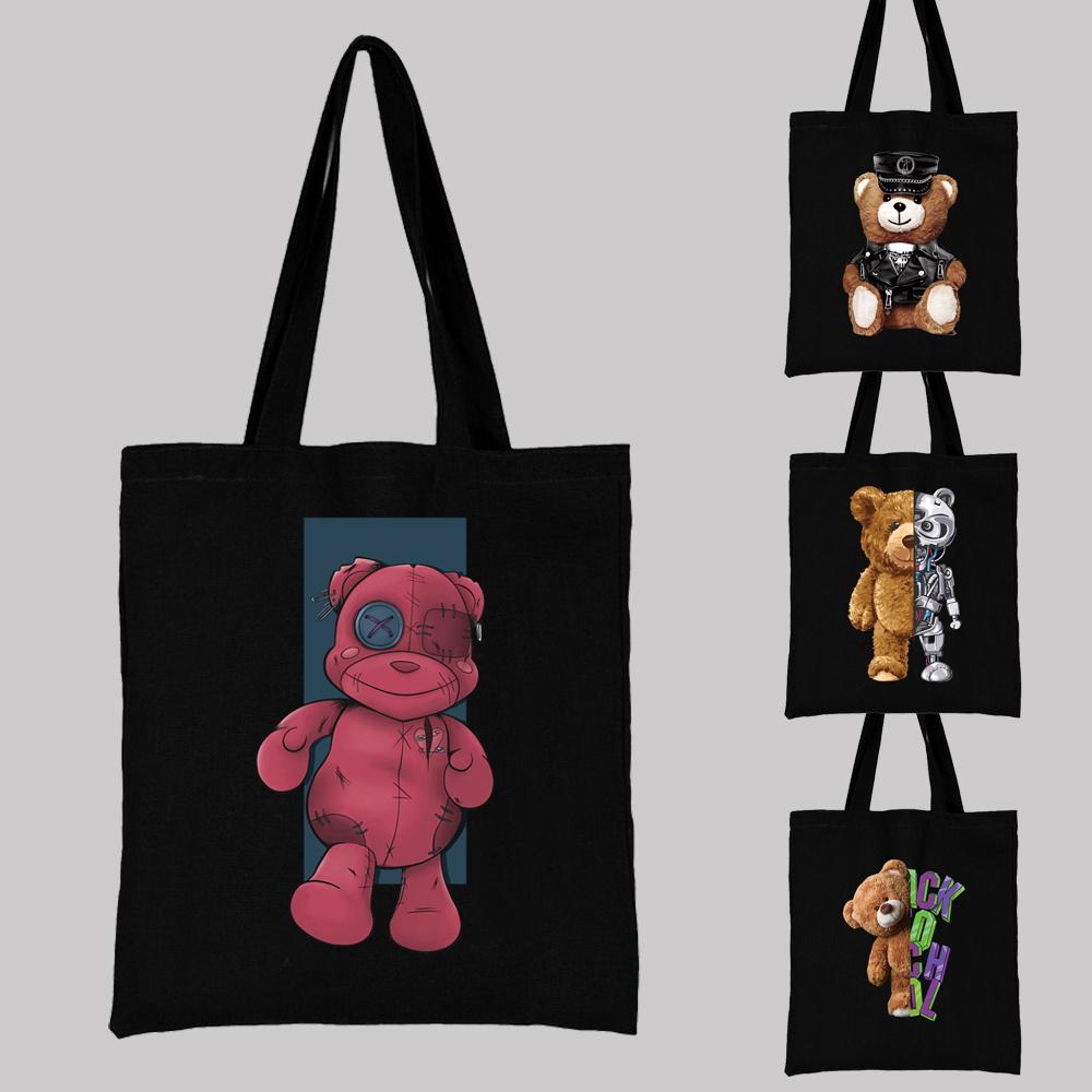 Summer New Teddy Bear Series Canvas Tote Bag Harajuku Style Black Printing High Capacity Shoulder Bag Fashion Shopping Bags