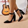 Aphixta 3.94 Inch High Square Heels Pumps Women 2cm Bling Crystal Belt Buckle Strap Shoes Chunky Heels Super Big Size 35-53