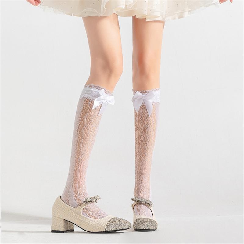 Women's Fishnet Knee Highs Stockings Hollowed Out Calf Socks Sweet Bows Knee Highs Socks